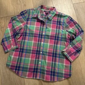 Chaps Women's No Iron Plaid Button Shirt 3/4 Sleeve Colorful Easter Petite PXL
